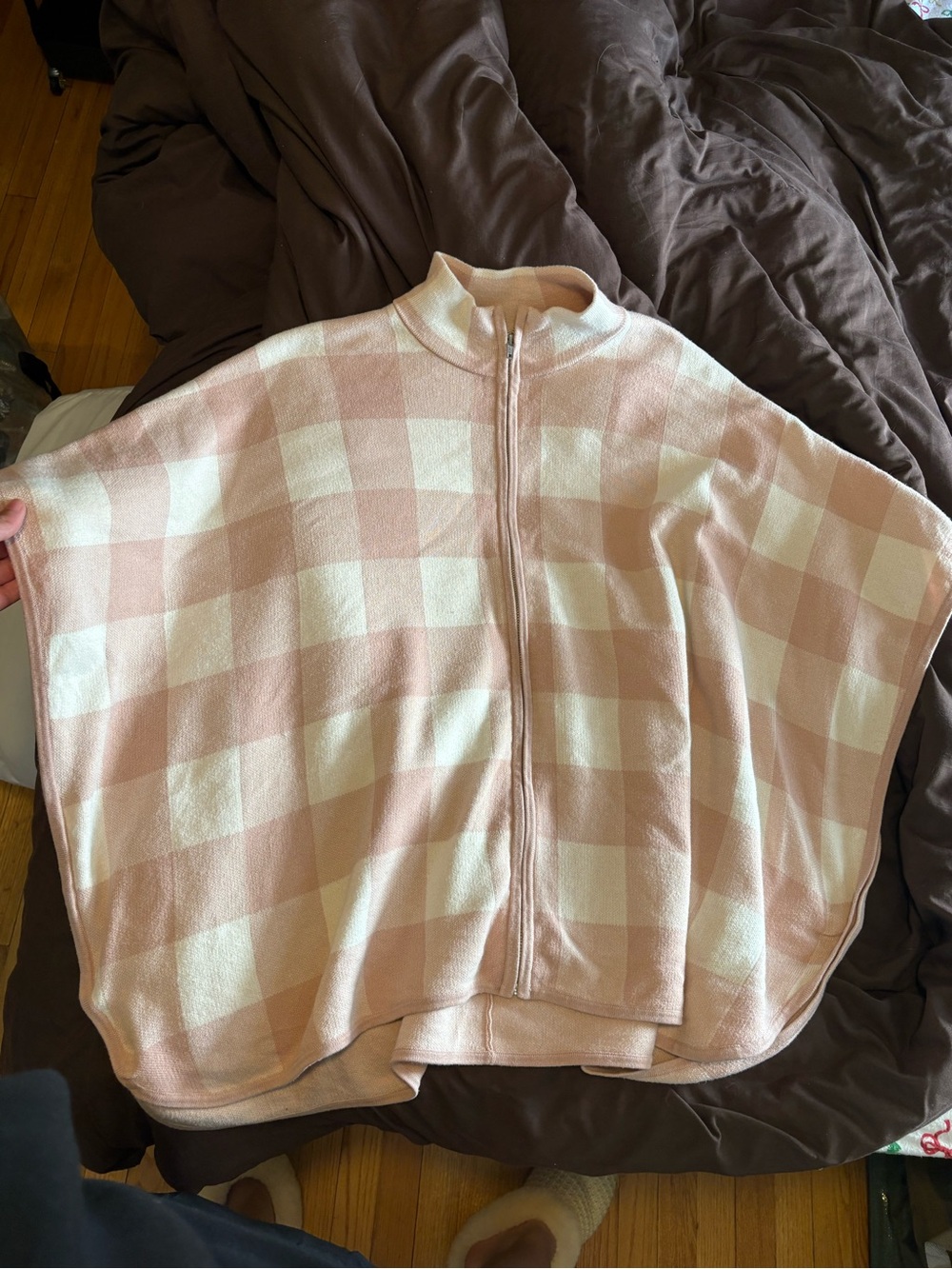 Preswick & Moore Pink and Cream Plaid Zip-Up Poncho Sweater